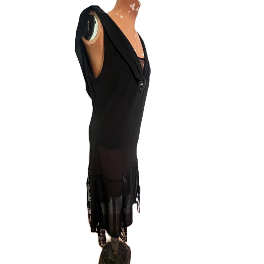 Unique Vintage Flapper Style Dress 2X Black Beaded Sleeveless Lace Sequins Jewel - Picture 10 of 14